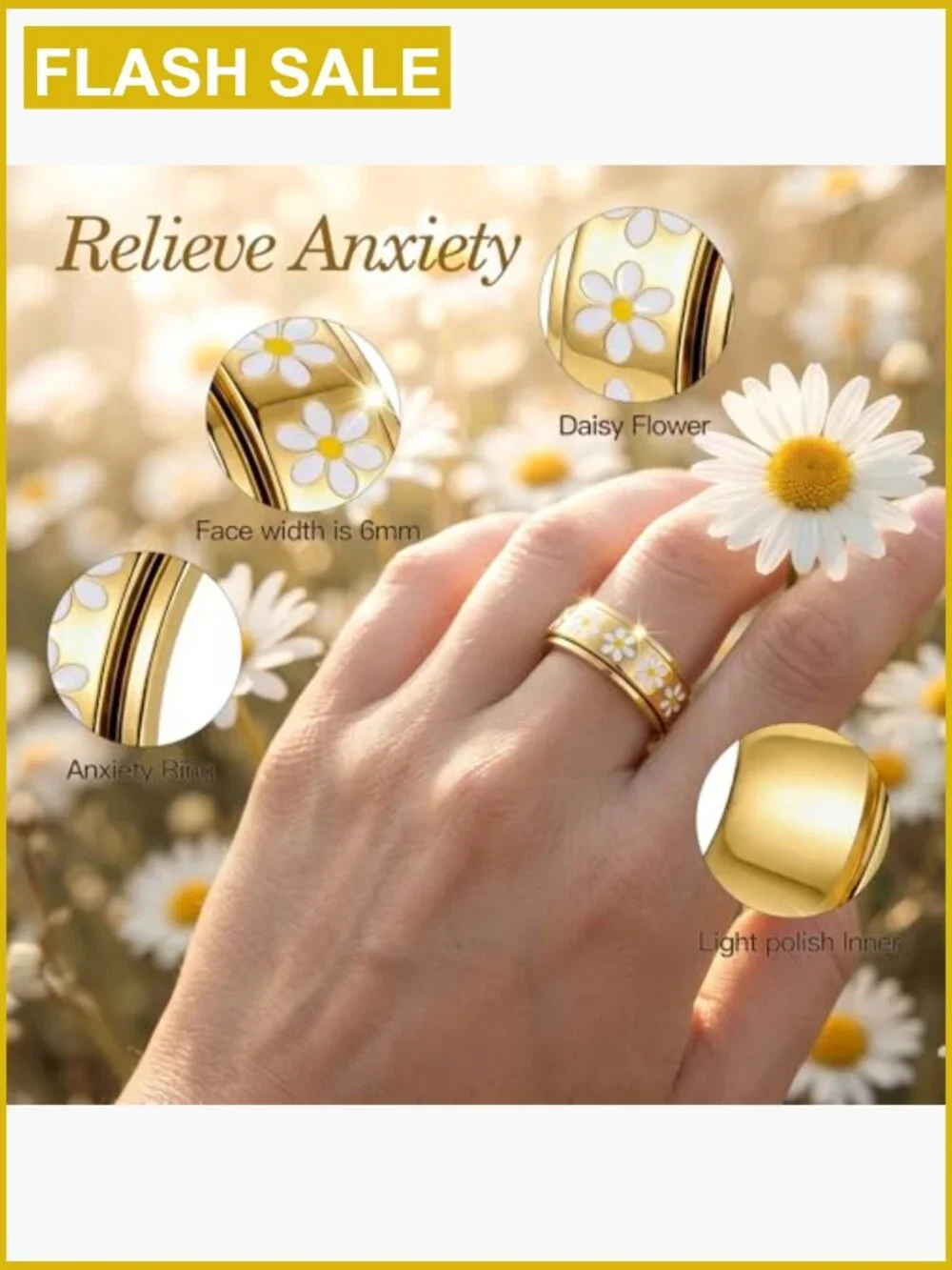 Daisy Fidget Ring Anxiety Relief Spinner Band 18K Gold Plated Stainless Steel